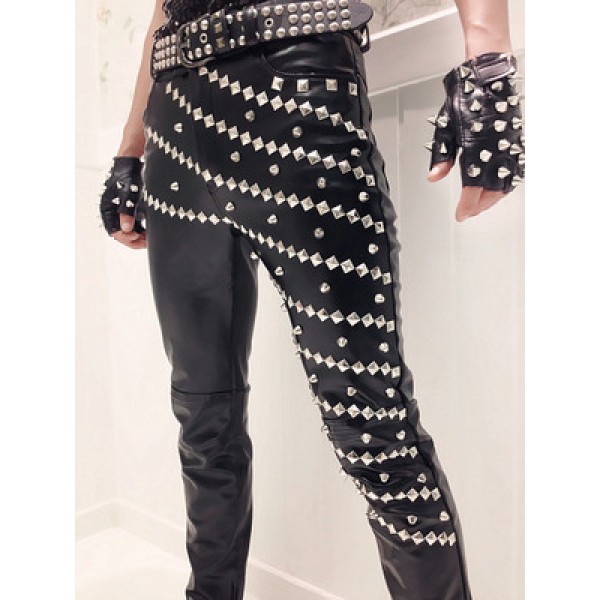 Black pu leather rivet fashion youth mans male men's stage performance motorcycle punk rock